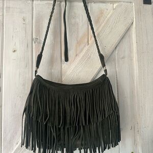 Fringe Suede Shoulder Bag - dark green